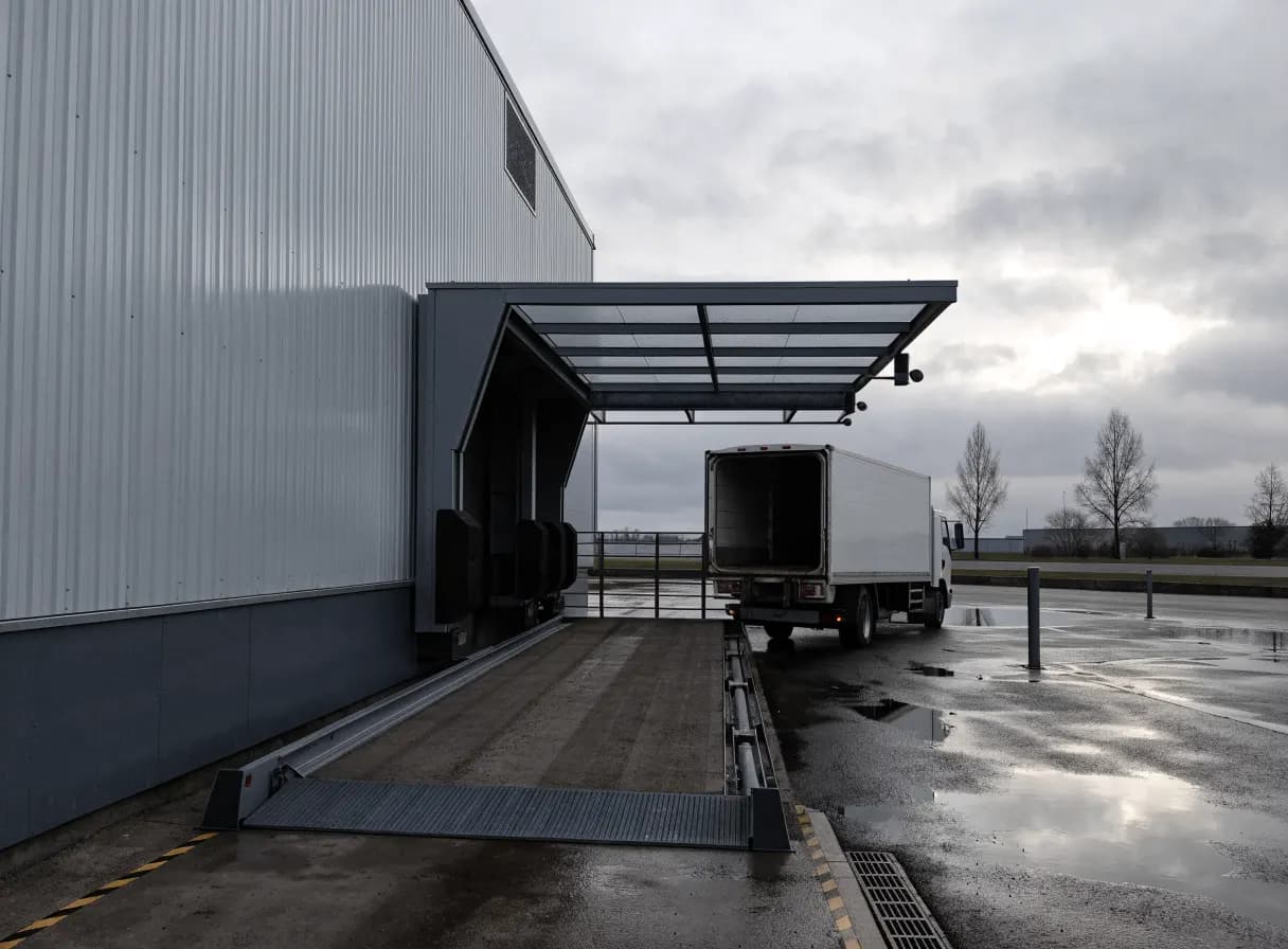 Überladebrücke mit Torabdichtung und andockendem Lkw an der Verladerampe